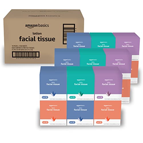 Amazon Basics Facial Tissue with Lotion, 75 Tissues per Box, 18 Cube Boxes (1350 Tissues total) (Previously Solimo)
