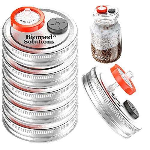 6Pcs Regular Mouth Mushroom Liquid Culture Lid Grain Spawn Cultivation Mason Jar Lid with 0.2 Micron PTFE Syringe Filter & 20mm Self Healing Injection Ports for Mushroom Growing Mycology(Silver)