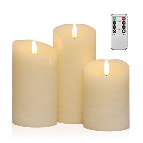 ANGELLOONG Flickering Flameless Candles with Remote, Real Wax Battery Operated Candles with Timer, Ivory White Candles for Valentines Wedding Holiday Party Home Decor, Set of 3