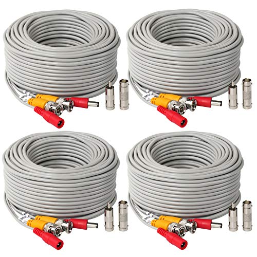 4Pack 25Feet BNC Vedio Power Cable Pre-Made Al-in-One Camera Video BNC Cable Wire Cord Gray Color for Surveillance CCTV Security System with Connectors(BNC Female and BNC to RCA)