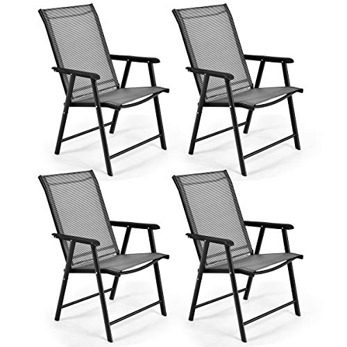 S AFSTAR Safstar Patio Chairs, Outdoor Foldable Sling Chairs with Armrests for Lawn Garden Backyard Poolside Porch, Folding Outdoor Chairs (Set of 4, Gray)