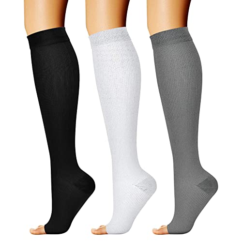 CHARMKING 3 Pairs Open Toe Compression Socks for Women & Men Circulation 15-20 mmHg is Best for All Day Wear Running Nurse (03 Black/White/Grey, L/XL)