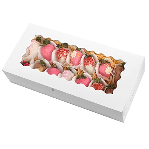 Moretoes 30pcs Chocolate Strawberry Boxes Cookie Boxes White Bakery Boxes with Window, 12x5.5x2.5 Inches Treat Boxes Pastry Boxes for Donuts, Pies, Cakes, Muffins, Pastries, Mother's Day