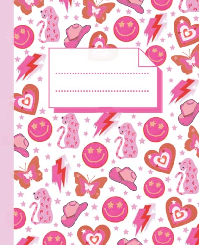 Preppy Notebook for School: Pink Aesthetic Composition Book with: Smiley Face, Cheetah, Heart, Lightning Bolt, Butterfly, Howdy Hat on the Cover | ... Pages |Great Vibes Back to School Journal