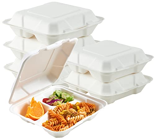 ECOLipak 50 Pack Clamshell Take Out Food Containers, 100% Compostable Disposable To Go Containers, 8X8 3-Compartment Heavy-Duty To Go Boxes for Food