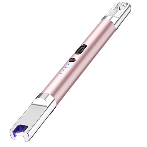 Flamgirlant Candle Lighter Electric Lighter with Battery Display and Safety Switch USB Rechargeable Lighter for Candle Cooking BBQ and Fireworks Aluminum Case & Hanging Hook Plasma Lighter Arc Lighter