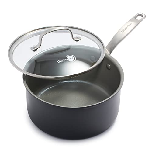 GreenPan Chatham Hard Anodized Healthy Ceramic Nonstick, 3QT Saucepan Pot with Lid, PFAS-Free, Dishwasher Safe, Oven Safe, Gray