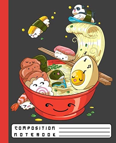 COMPOSITION NOTEBOOK: Japanese Ramen Bowl With Kawaii Sushi, Surfing Panda Bear Paper Notebook Journal for Girls and Boys, Cute Lined Workbook for Writing Notes and Exercise