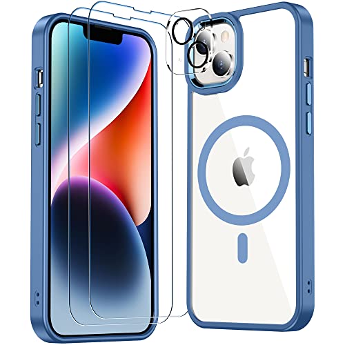 Red2Fire Magnetic for iPhone 14 Plus Phone Case Clear, [Compatible with Magsafe][2X Tempered Glass Screen Protector+2X Camera Lens Protector][Not Yellowing] Slim Thin Case Cover - Clear/Blue