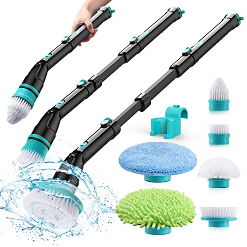 Electric Spin Scrubber, Cordless Spin Scrubber with 4 Replaceable Brush Heads ,2 Cleaning Pads and Adjustable Extension Handle, Power Cleaning Brush for Bathroom Floor Tile