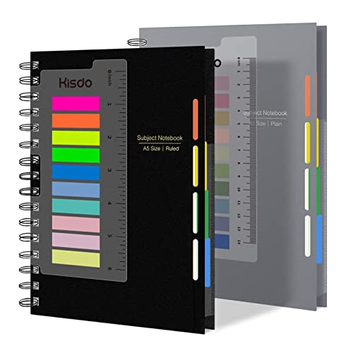 Kisdo 2 Pack A5 Hardcover Large Spiral Notebook,Subject Notepad for Work,Professional Journal with Colored Movable Dividers,Pocket and Transparent Sticky Note with Ruler,Notebook College Ruled,6.3"x 8.2"(Black/Gray)