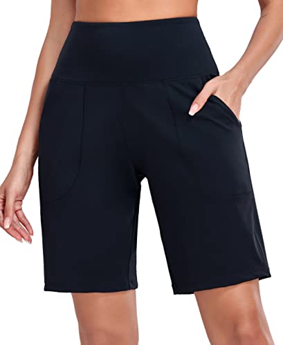 Oalka Women's High Waisted Shorts Yoga Workout Bermuda Long Hiking Shorts with Pockets 10" Shorts Black M