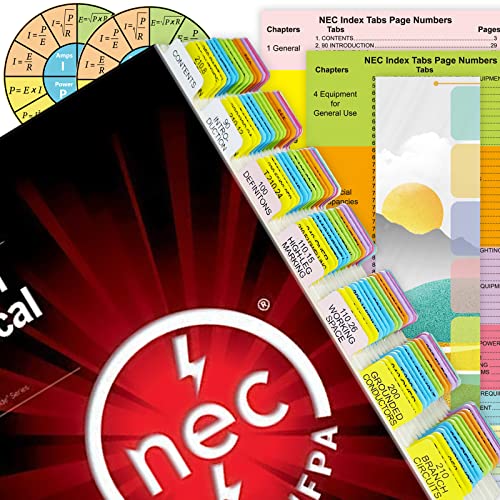 2020 NEC Code Book Tabs (Book not Included), 114 Printed NEC Tabs with 6 Blank Tabs, Color-Coded and Laminated, with Wire Chart & 2 Ohm's Law Stickers