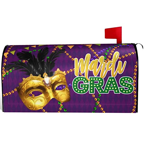 Mardi Gras Mailbox Cover Magnetic, Fleur De Lis Beads Holiday Decorative Post Letter Box Decoration Wrap Decor for Garden Yard New Orleans Carnival Mailbox Cover Magnetic 18 x 21 Inch