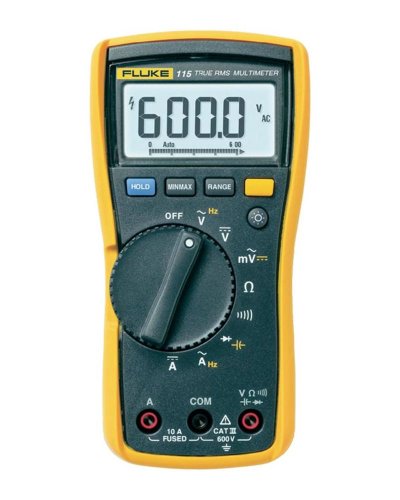 Fluke 115 Digital Multimeter, Measures AC/DC Voltage To 600 V and AC/DC Current to 10 A, Measures Resistance, Continuity, Frequency, and Capacitance, Includes Holster and Silicone Test Lead Set