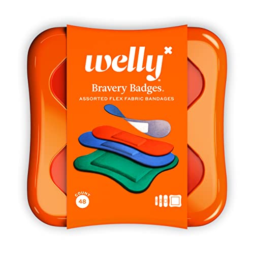 Welly Bandages | Adhesive Flexible Fabric Bravery Badges | Assorted Shapes for Minor Cuts, Scrapes, and Wounds | Colorful and Fun First Aid Tin | Solid Color Patterns - 48 Count