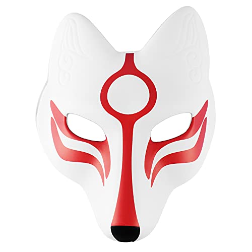 AMOSFUN Fox Mask Japanese Kabuki Kitsune Masks for Men Women Children Halloween Masquerade Costume Prop, White+red, Medium