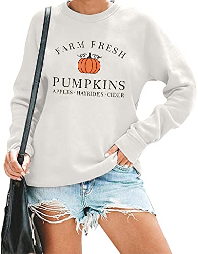 KIDDAD Fall Sweatshirt Women Farm Fresh Pumpkins Apples Hayrides Cider Sweatshirt Halloween Pullover Top Blouse White