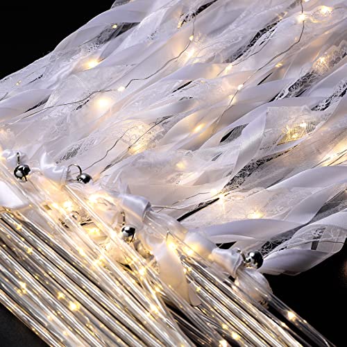 LED Wedding Ribbon Fairy Wands Glow in The Dark Streamers with Bells Light up Silk Fairy Wand Flashing Lace Stick for Wedding, Birthday, Party, Favors (24 Pieces)