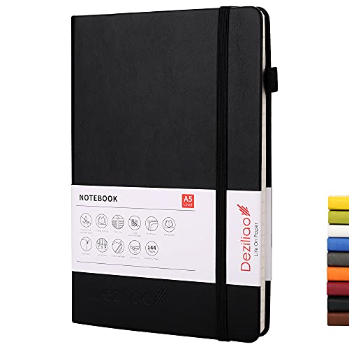 Deziliao Lined Journal Notebooks with Pen Loop, Hardcover Notebook Journal for Work, 100Gsm Premium Thick Paper with Inner Pocket, Medium 5.7"x8.4", Black, Ruled
