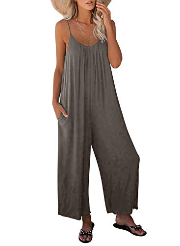 Dokotoo Women's Loose Jumpsuits for Women Adjustable Spaghetti Strap Stretchy Wide Leg Solid One Piece Sleeveless Long Pant Romper Jumpsuit with Pockets Gray Medium