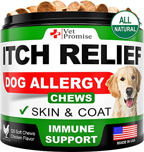 Dog Allergy Chews - Itch Relief for Dogs - Dog Allergy Relief - Anti Itch for Dogs - Dog Itchy Skin Treatment - Dog Allergy Support - Hot Spots - Immune Health Supplement - Made in USA - 120 Treats