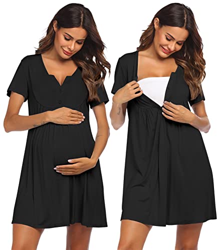 Ekouaer Labor and Delivery Gown, Nursing Nightgown,Maternity Nightgowns for Hospital Short BreastfeedingNightgown S-XXL Black