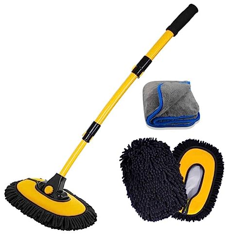 BMLEI Car Wash Brush with Long Handle, Microfiber Towels Car Wash Kit Cleaning Supplies, Car Wash Mop Mitt with 2 Replacement Head, Extension Pole Car Brush Cleaning Kit for Cars Trucks