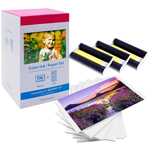Compatible Canon Selphy CP1300 Ink and Paper, KP-108IN 3 Color Ink Cartridges and 108 Sheets 4 x 6 Paper Glossy for Selphy CP1500 CP1300 CP1200 CP1000 CP910 CP900 CP810 CP800 CP Photo Printer