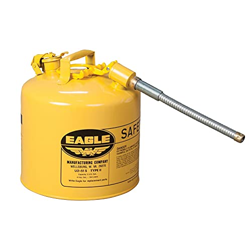 Eagle 5 Gallon Type II Gas Can for Diesel with 12" x 5/8" Flexible Metal Spout, Made in USA, Galvanized Steel Flammable Storage Can, Yellow, U251SX5Y