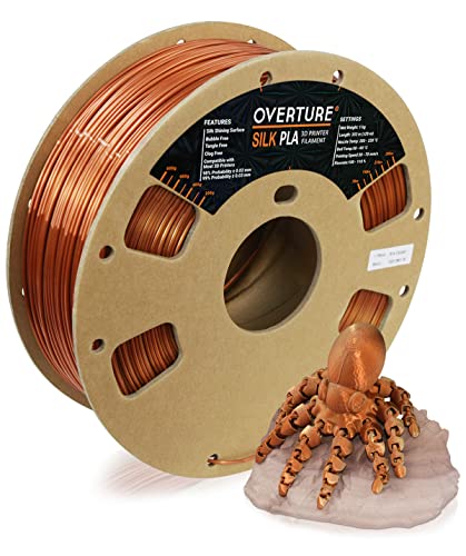 OVERTURE Silk Filament PLA 1.75mm Clog-Free Shiny 3D Printer Filament, 1kg Spool (2.2lbs), Dimensional Accuracy +/- 0.03 mm, Fit Most FDM Printer(Silk Copper)