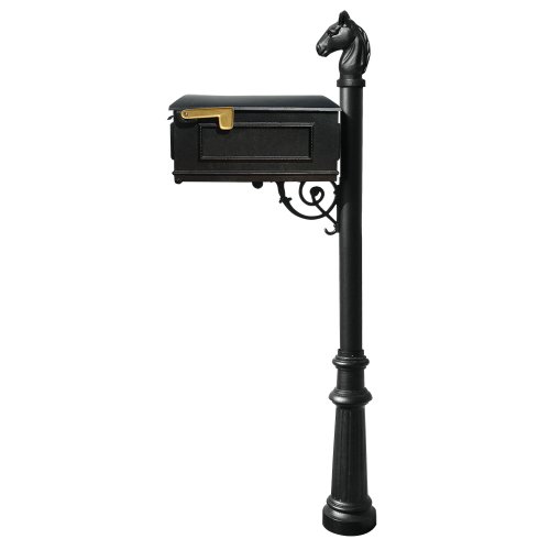 Qualarc Lewiston Cast Aluminum Post Mount Mailbox System with Post, Aluminum Mailbox, Fluted Base and Horsehead Finial, Black, Ships in 2 boxes