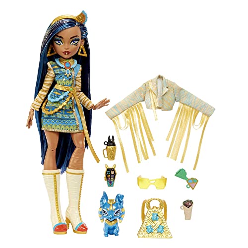 Monster High Cleo De Nile Fashion Doll with Blue Streaked Hair, Signature Look, Accessories & Pet Dog