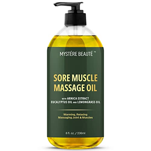 Mystere Beaute Sore Muscle Massage Oil for Massage Therapy with Arnica - Relaxing, Warming, Eases Muscle Soreness & Stiffness - Moisturizes Skin - Premium-Quality - 8 fl oz