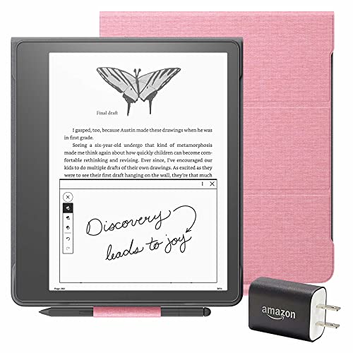 Kindle Scribe Essentials Bundle including Kindle Scribe (64 GB), Premium Pen, Fabric Folio Cover with Magnetic Attach - Rose, and Power Adapter