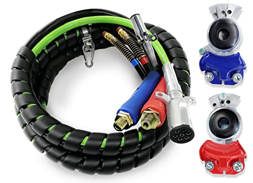 Torque 12ft 3 in 1 ABS & Air Power Line Hose Kit Airline Air Hose with Glad Hands Wrap 7 Way Electrical Cable with Handle Grip & Gladhands for Semi Truck Trailer Tractor (TR813212)