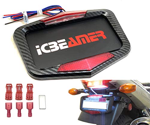 ICBEAMER Universal Fit Most Motorcycle License Plate Frame w/ 6+ Flashing LED Tail + Brake Light [Carbon Fiber Pattern]