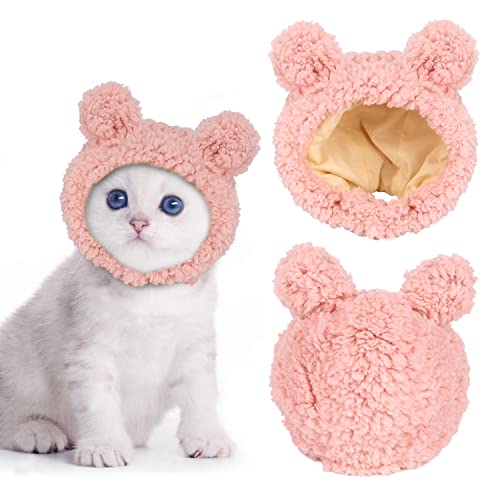 JOICEE Cute Cat Costume Warm Bear Hat for Cat Adjustable Soft Small Pet Headwear Bear Hat for Cat Puppy Dog (Pink)