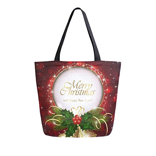 ALAZA Merry Christmas Golden Bell Leaf Grocery Reusable Tote Bag Women Large Casual Handbag Shoulder Bags for Shopping Groceries Travel Outdoors