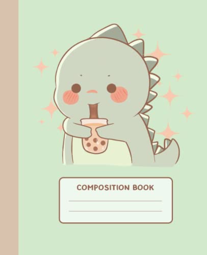 Composition Notebook: Kawaii Dinosaur With Boba| College Ruled Notebook | Kawaii Cottagecore Aesthetic Lined Journal for Kids & Teens