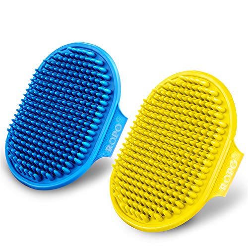 ROPO Dog Grooming Brush, Pet Shampoo Bath Brush Soothing Massage Rubber Comb with Adjustable Ring Handle for Long Short Haired Dogs and Cats 2pcs