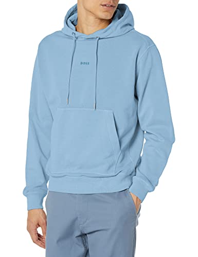 BOSS Men's Garment Dyed Center Logo Hooded Sweatshirt, Chambray Blue, XL