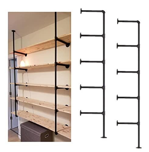 Industrial Wall Mount Iron Pipe Shelf Shelves Shelving Bracket Black Vintage Retro Ceiling Hung shelf DIY Open Bookshelf Storage for offcie Room Kitchen (2PcsX5Tier,68" Tall,10"deep,Hardware Only)