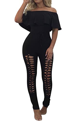 PRETTYGARDEN Women's Summer Off Shoulder Bodycon Jumpsuit Rompers Ruffle Sleeve Hollow Out Sexy Club Outfits (Black,Medium)