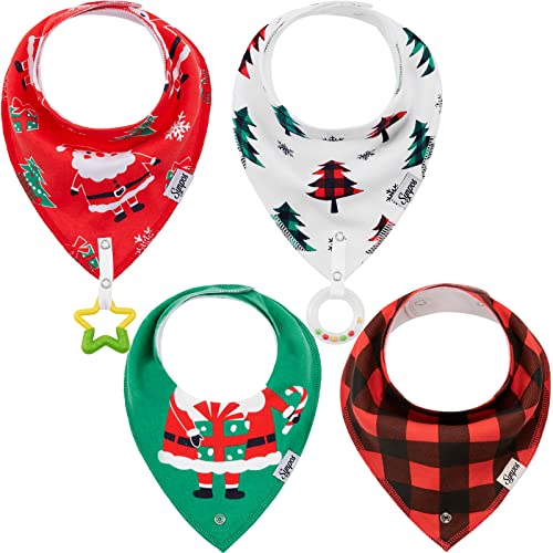 Baby Bandana Drool Bibs,Christmas Bibs for Boys and Girls by Super Absorbent Bandana Drool Bibs,Teething Toys Bibs Organic Cotton Baby Bibs for Infant Set of 4 with Two Teething Toys-Snowman,Santa