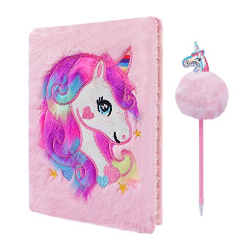 Cyiecw Plush Unicorn Notebook, Magic Diary for Girls Lovely Unicorn Fluffy Notebook 160 Pages for Writing and Drawing Birthday Christmas Gifts for Girls (Pink)