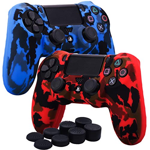 YoRHa Water Transfer Printing Camouflage Silicone Cover Skin Case for Sony PS4/slim/Pro Dualshock 4 Controller x 2(red+Blue) with Pro Thumb Grips x 8
