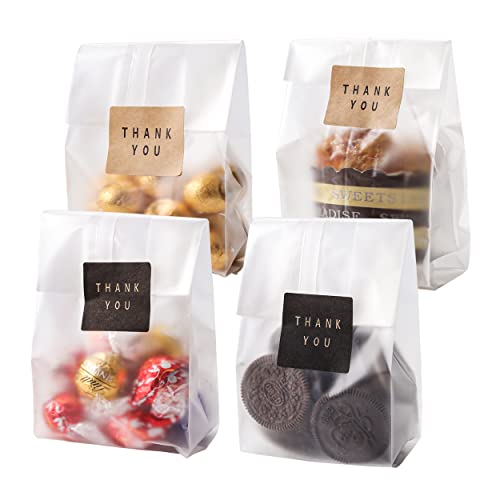 LOKQING Cellophane Treat Bags Cookie bags for Packaging Clear Gift Bags with Stickers for Cookies,Candy,Chocolates(Fog,9x3.3inch)