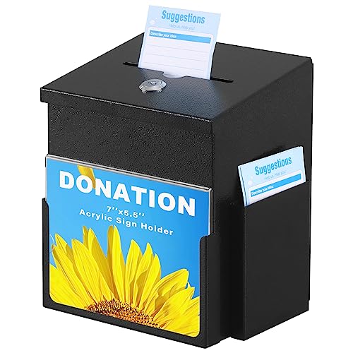 xydled Suggestion Box with Key Lock Acrylic Sign Holder, Metal Donation Ballot Drop Box with Slot Tip Jar for Office, Fundraising, Church, School, with 50 Free Suggestion Cards,8.9''x7.1''x6.3'', Black