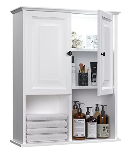 HAIOOU Bathroom Wall Cabinet, Wooden Medicine Cabinet Wall Mounted Cupboard, Over Toilet Storage Cabinet with Buffering Hinges, an Adjustable Shelf and One Motion Sensor LED Light - Modern White
